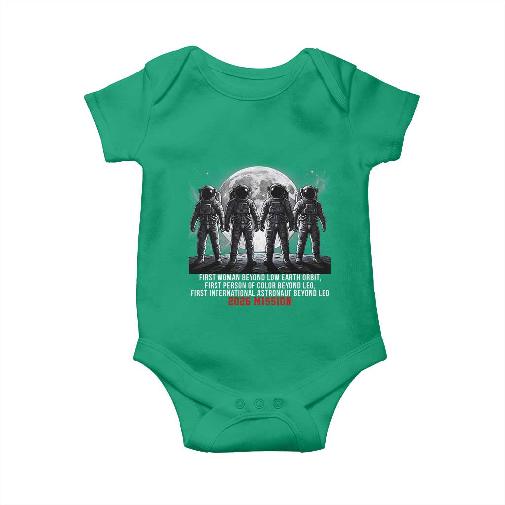 Historic 2026 Lunar Mission Crew Celebration Baby Onesie Proud To Be Beyond Low Earth Orbit TS02 Irish Green Print Your Wear