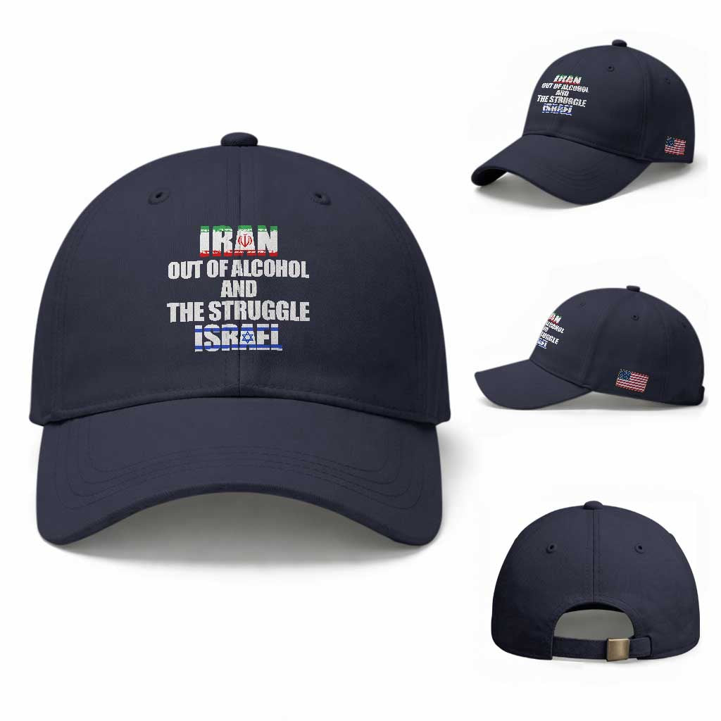 Iran Out Of Alcohol And The Struggle Israel Flag Baseball Cap Funny Wordplay Political Satire TS02 Baseball Cap Universal Fit Navy Print Your Wear