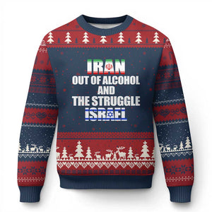 Iran Out Of Alcohol And The Struggle Israel Flag Ugly Christmas Sweater Funny Wordplay Political Satire TS02 Navy Red Print Your Wear