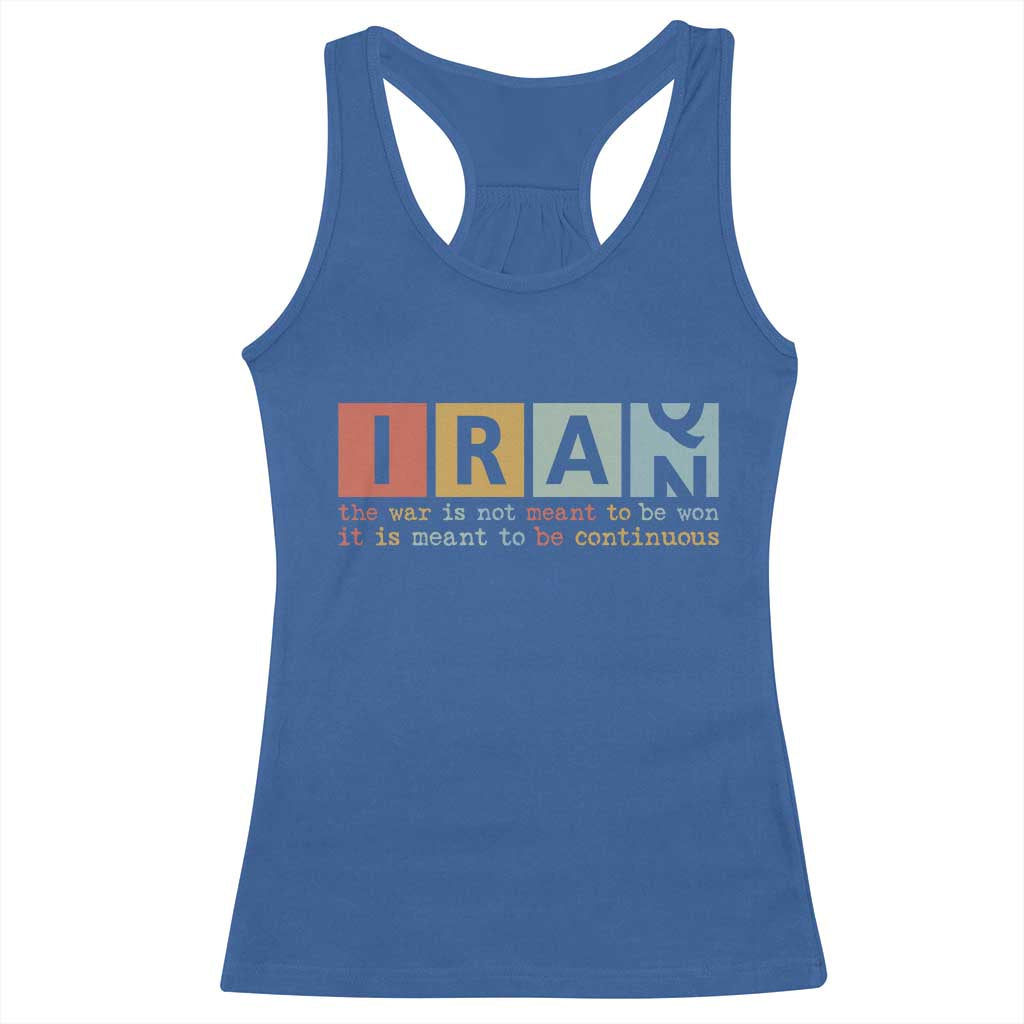 Iran The War Is Meant To Be Continuous Vintage Graphic Racerback Tank Top Orwell Quotes Geopolitical Satire TS02 Royal Blue Print Your Wear