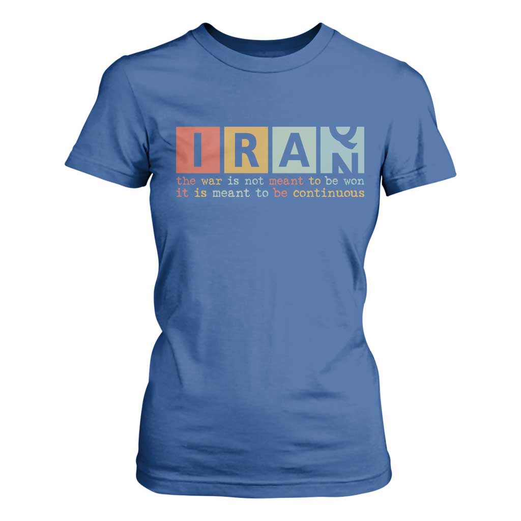 Iran The War Is Meant To Be Continuous Vintage Graphic T Shirt For Women Orwell Quotes Geopolitical Satire TS02 Royal Blue Print Your Wear