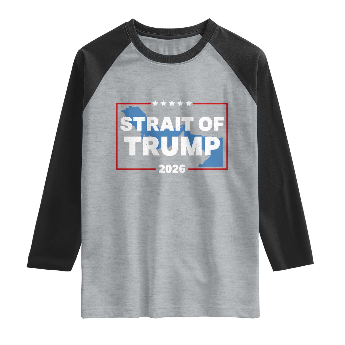 Strait of Trump 2026 Raglan Shirt Middle East Map Political Graphic TS02 Heather Gray Black Print Your Wear
