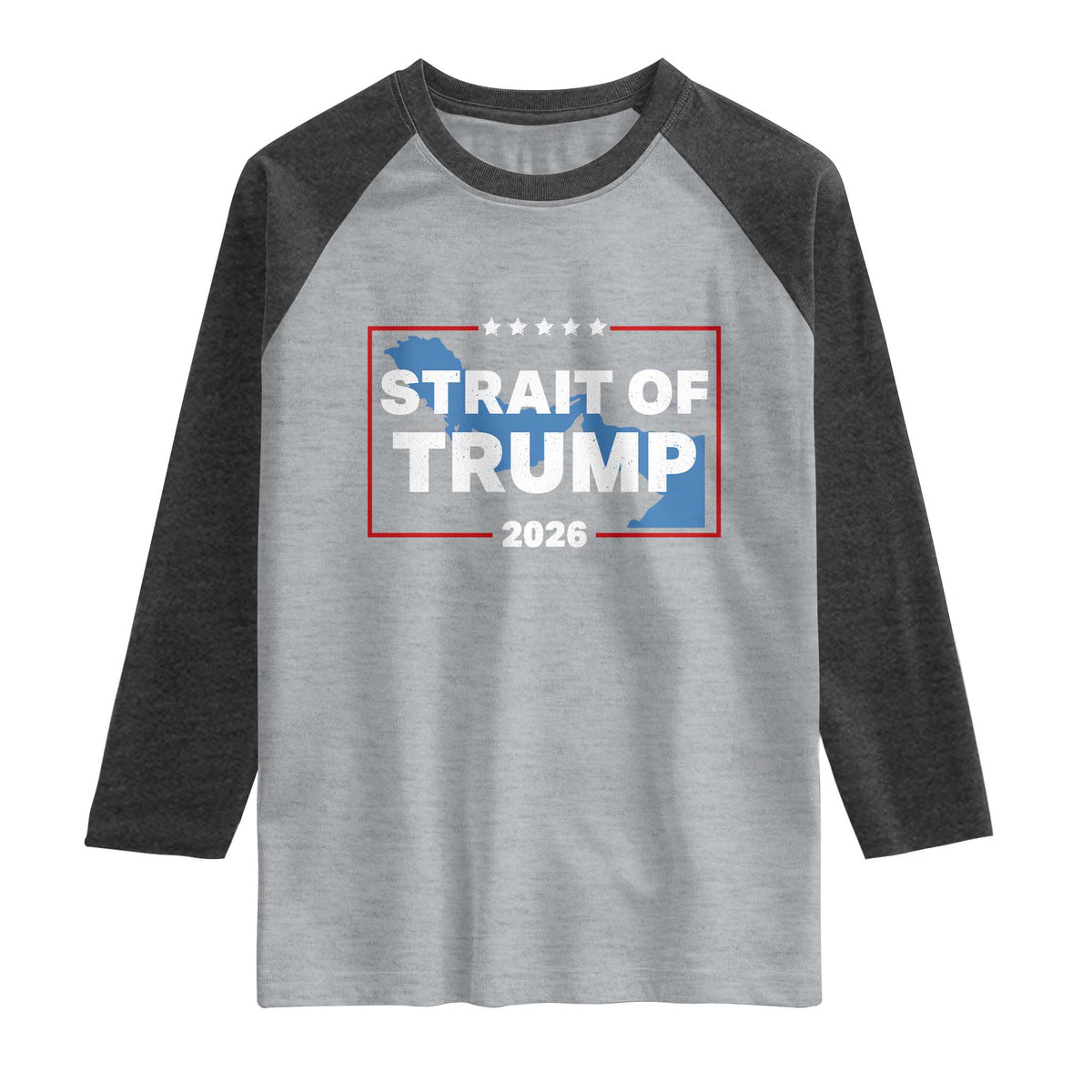 Strait of Trump 2026 Raglan Shirt Middle East Map Political Graphic TS02 Heather Gray Heather Charcoal Print Your Wear
