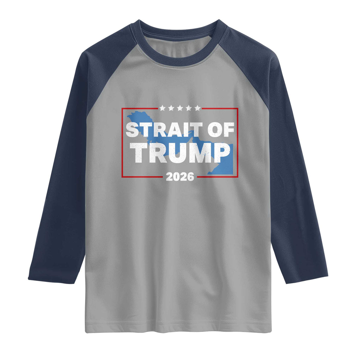 Strait of Trump 2026 Raglan Shirt Middle East Map Political Graphic TS02 Sport Gray Navy Print Your Wear