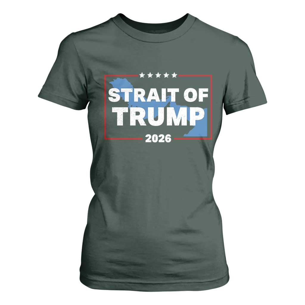 Strait of Trump 2026 T Shirt For Women Middle East Map Political Graphic TS02 Dark Forest Green Print Your Wear