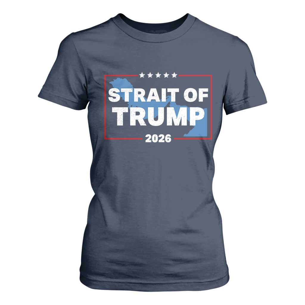 Strait of Trump 2026 T Shirt For Women Middle East Map Political Graphic TS02 Navy Print Your Wear
