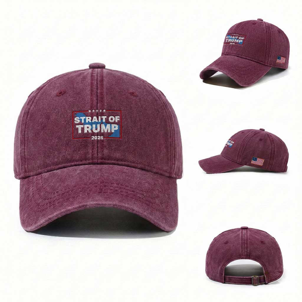 Strait of Trump 2026 Washed Cotton Baseball Cap Middle East Map Political Graphic TS02 Washed Cap Universal Fit Burgundy Print Your Wear