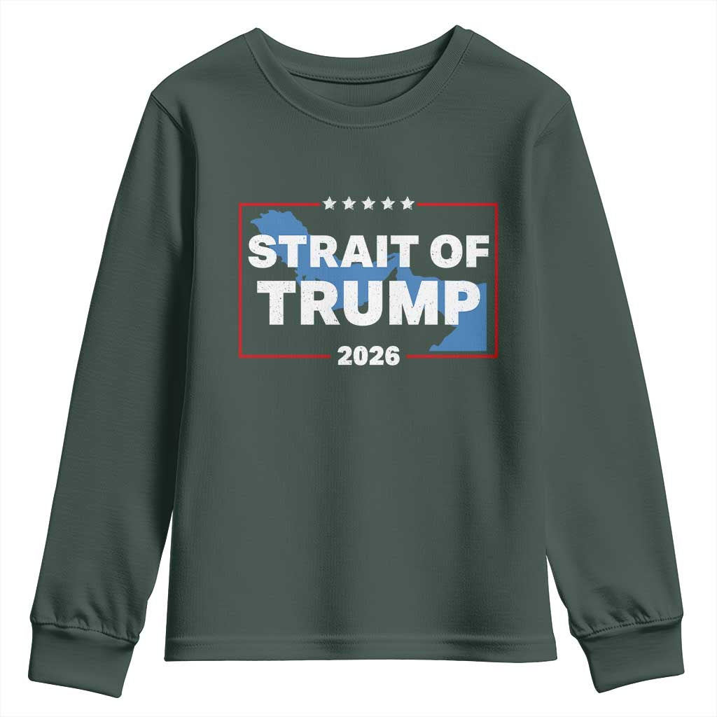 Strait of Trump 2026 Youth Sweatshirt Middle East Map Political Graphic TS02 Dark Forest Green Print Your Wear