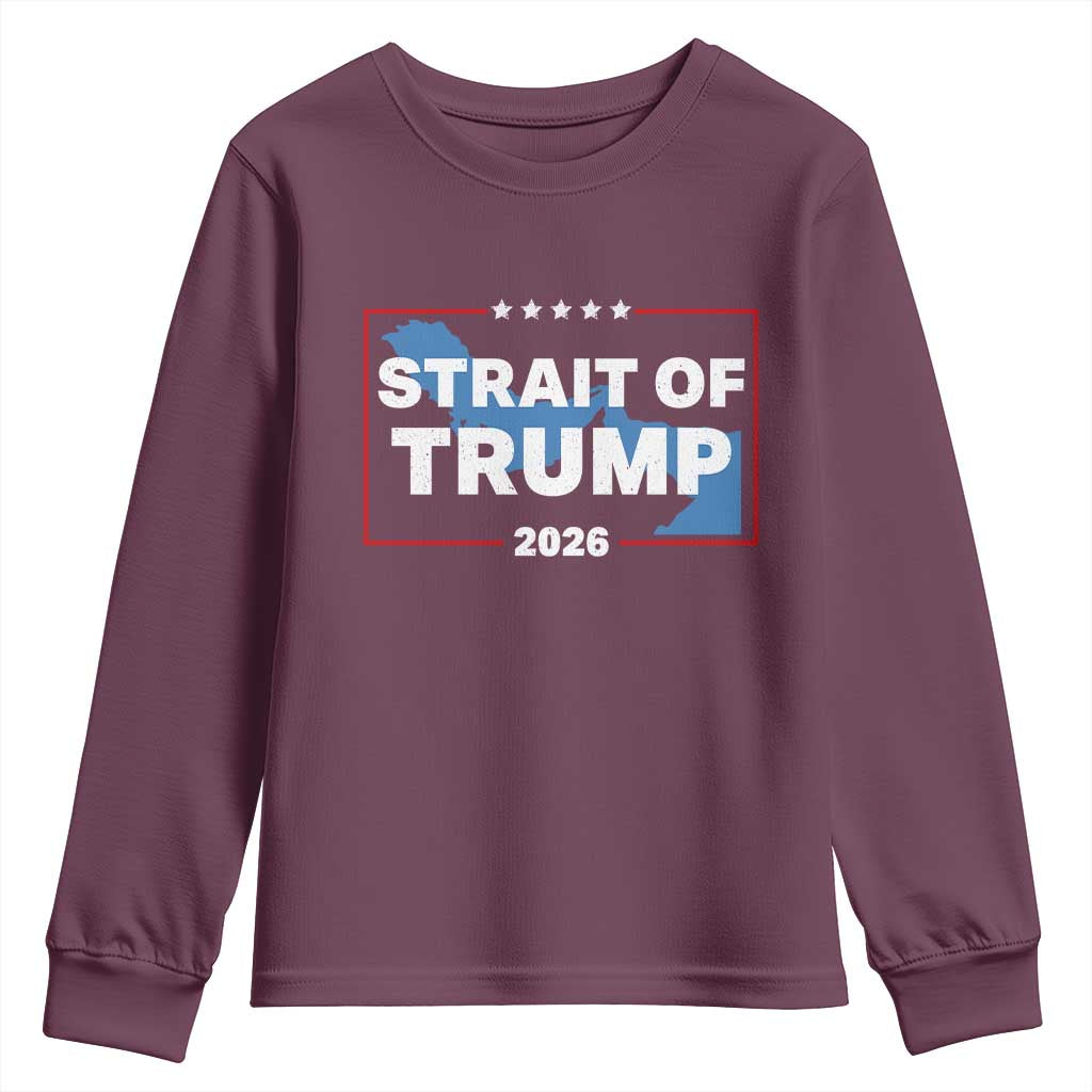 Strait of Trump 2026 Youth Sweatshirt Middle East Map Political Graphic TS02 Maroon Print Your Wear