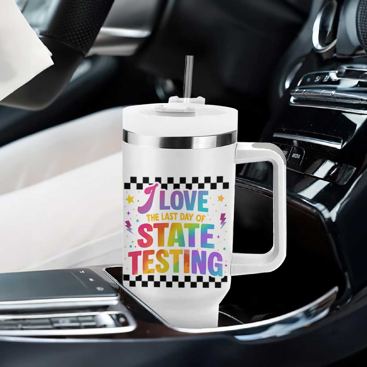 Funny I Love The Last Day Of State Testing Tumbler With Handle Retro Rainbow Test Day Celebration Teacher Student TS02 Print Your Wear