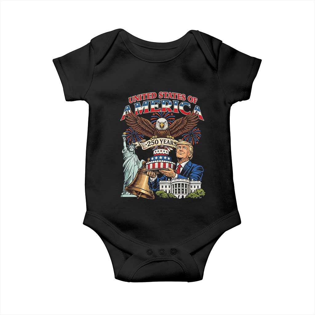 USA 250 Year Birthday Patriotic Celebration Baby Onesie Trump Eagle and Liberty Bday Cake TS02 Black Print Your Wear