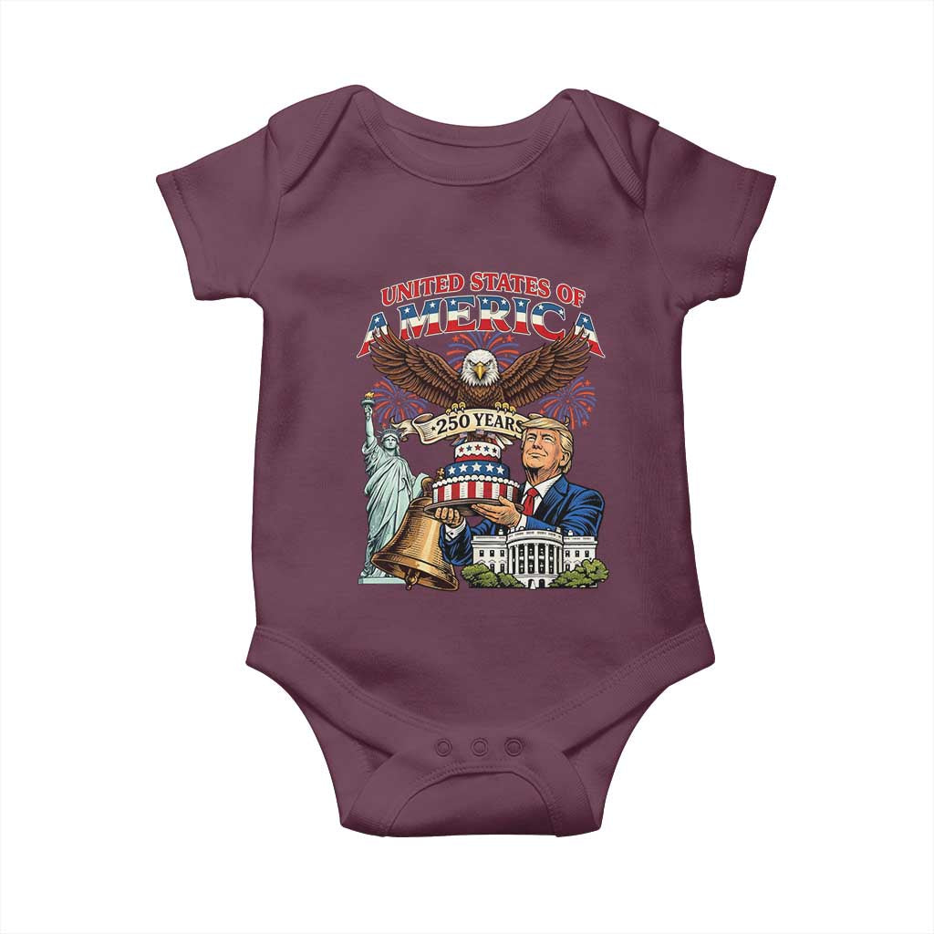 USA 250 Year Birthday Patriotic Celebration Baby Onesie Trump Eagle and Liberty Bday Cake TS02 Maroon Print Your Wear
