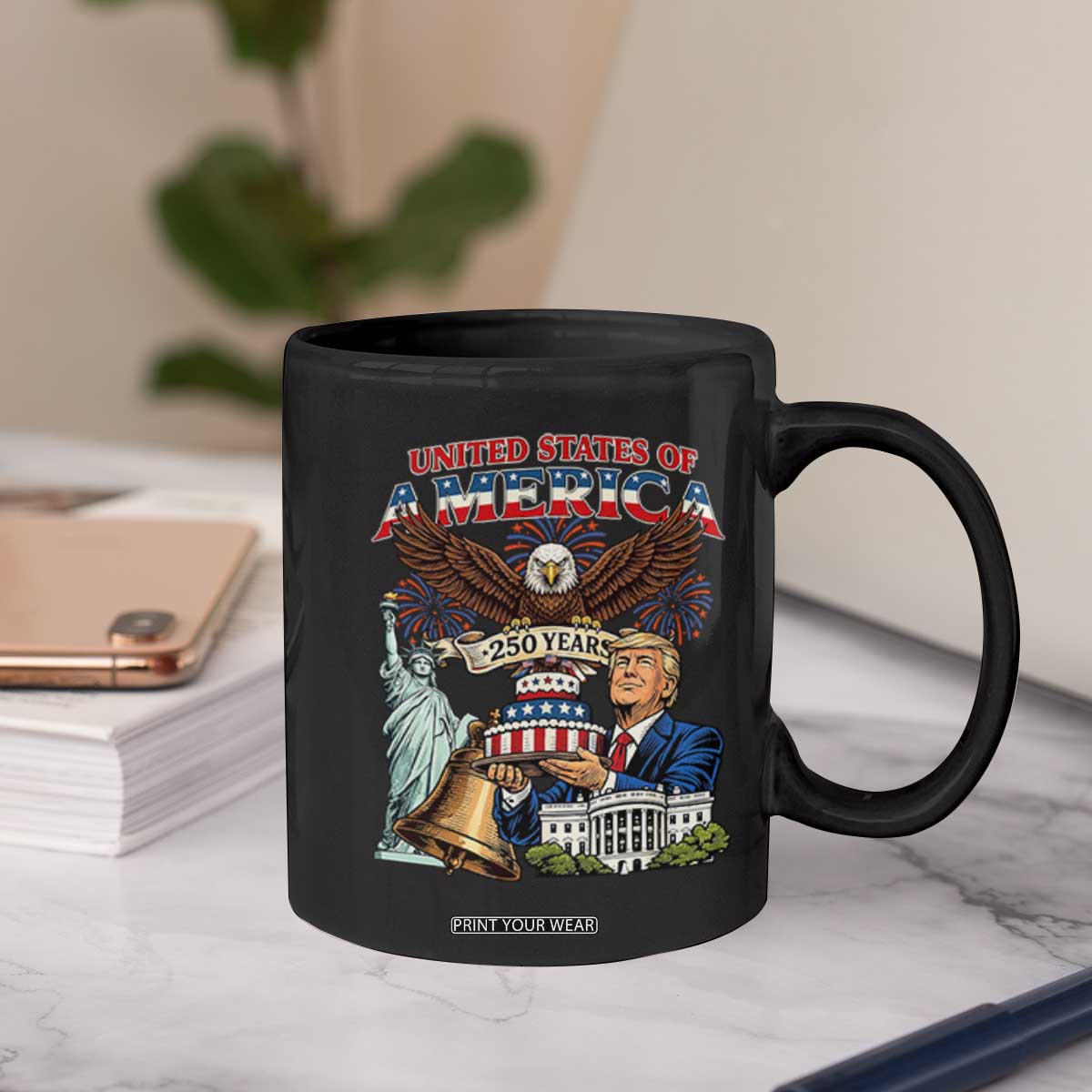 USA 250 Year Birthday Patriotic Celebration Coffee Mug Trump Eagle and Liberty Bday Cake TS02 Print Your Wear