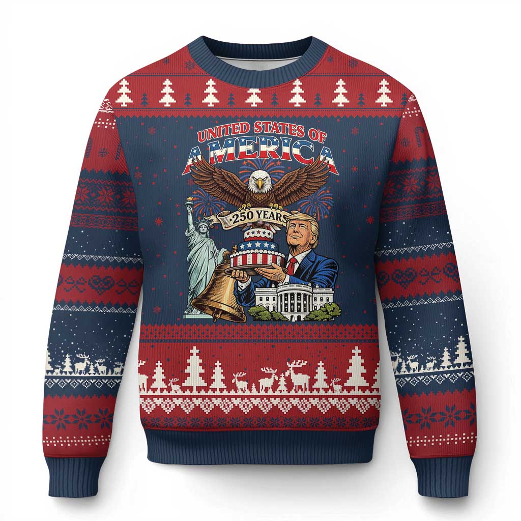 USA 250 Year Birthday Patriotic Celebration Ugly Christmas Sweater Trump Eagle and Liberty Bday Cake TS02 Navy Red Print Your Wear