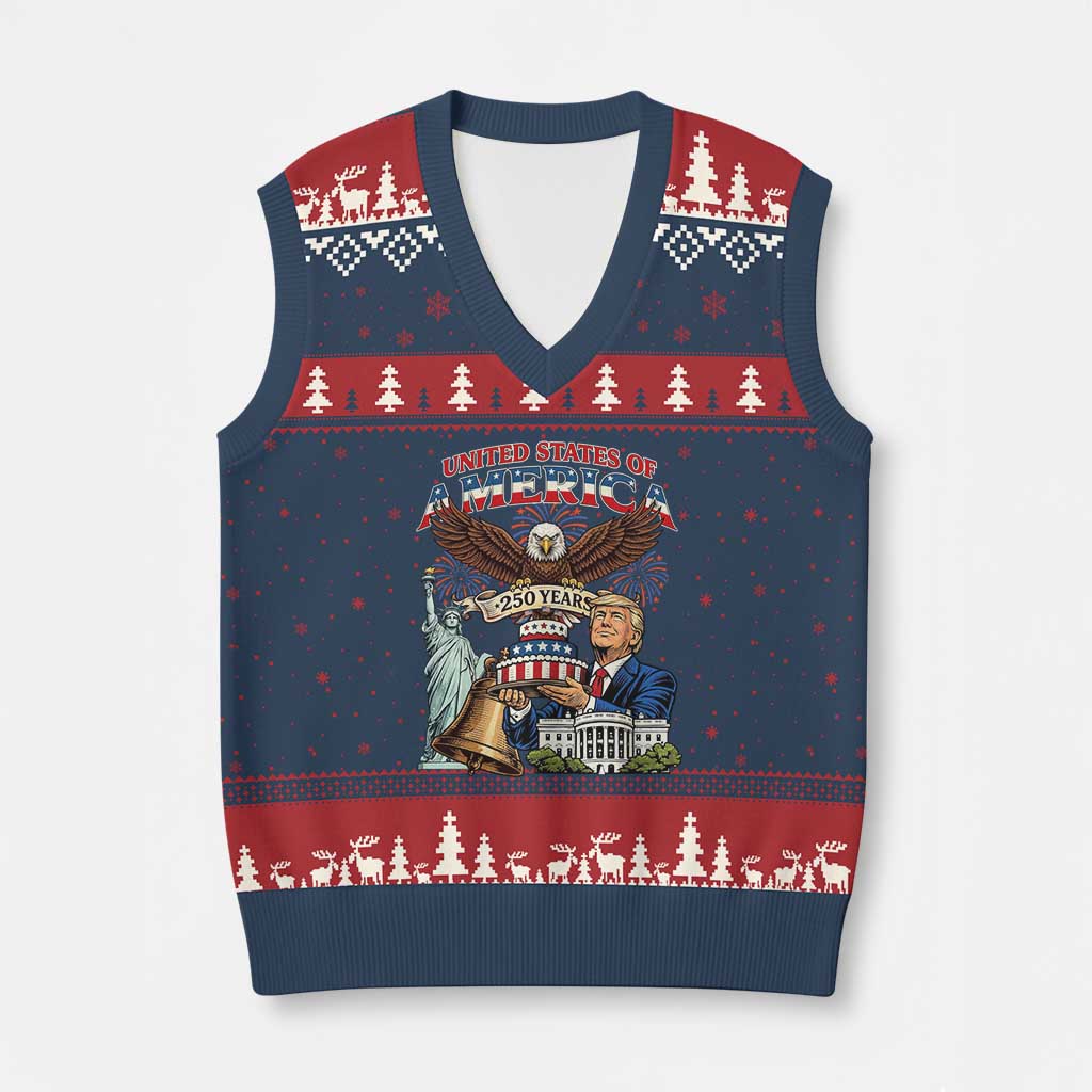 USA 250 Year Birthday Patriotic Celebration V-Neck Knit Sweater Vest Trump Eagle and Liberty Bday Cake TS02 Navy Red Print Your Wear