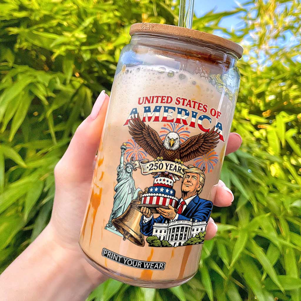 USA 250 Year Birthday Patriotic Celebration Glass Can Trump Eagle and Liberty Bday Cake TS02 Black Print Your Wear