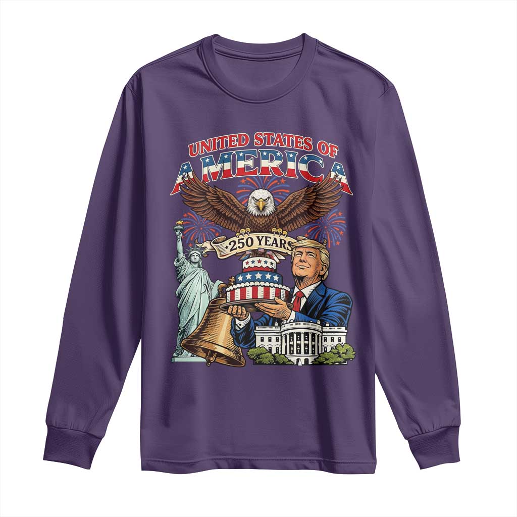 USA 250 Year Birthday Patriotic Celebration Long Sleeve Shirt Trump Eagle and Liberty Bday Cake TS02 Purple Print Your Wear