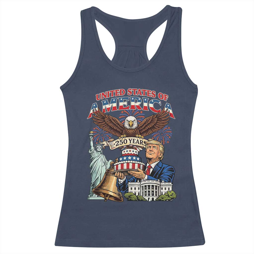 USA 250 Year Birthday Patriotic Celebration Racerback Tank Top Trump Eagle and Liberty Bday Cake TS02 Navy Print Your Wear