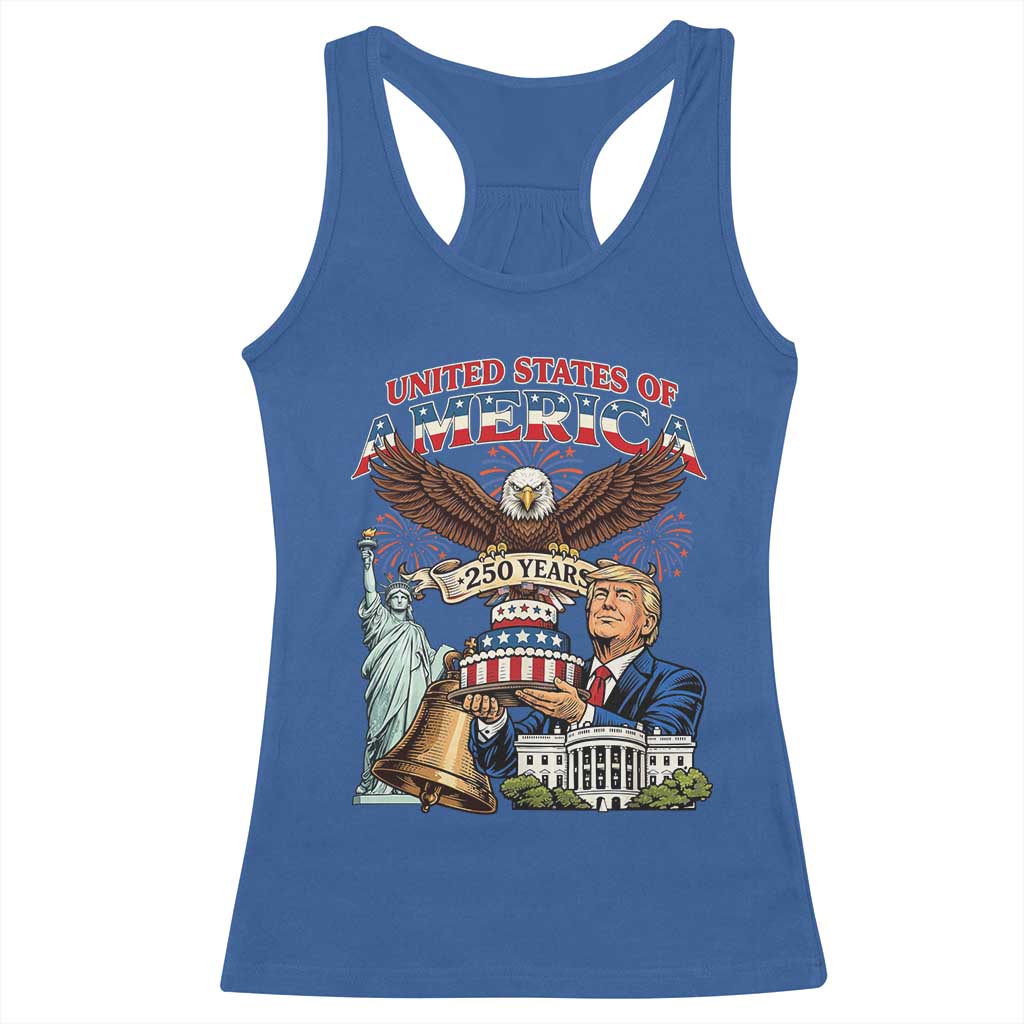 USA 250 Year Birthday Patriotic Celebration Racerback Tank Top Trump Eagle and Liberty Bday Cake TS02 Royal Blue Print Your Wear