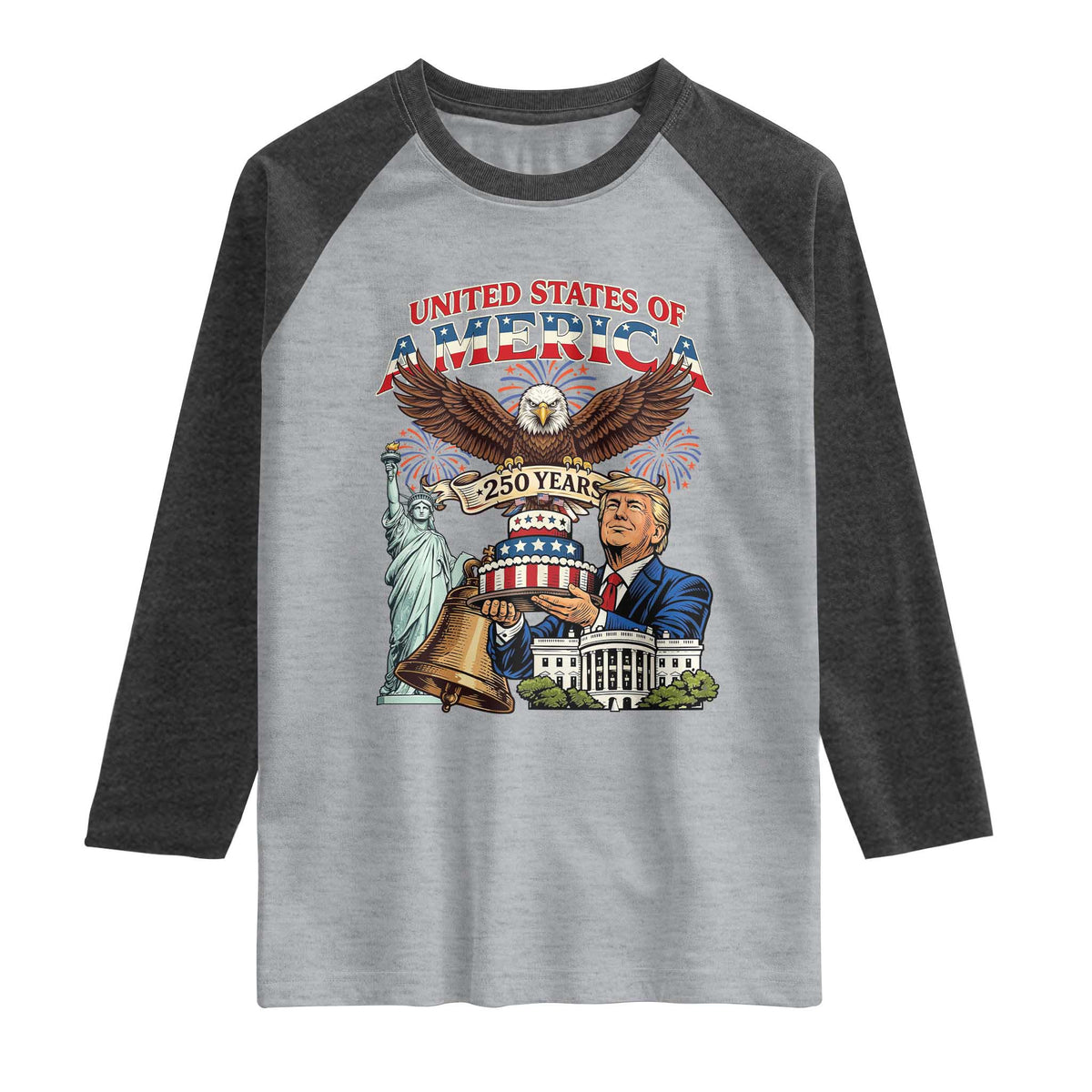 USA 250 Year Birthday Patriotic Celebration Raglan Shirt Trump Eagle and Liberty Bday Cake TS02 Heather Gray Heather Charcoal Print Your Wear