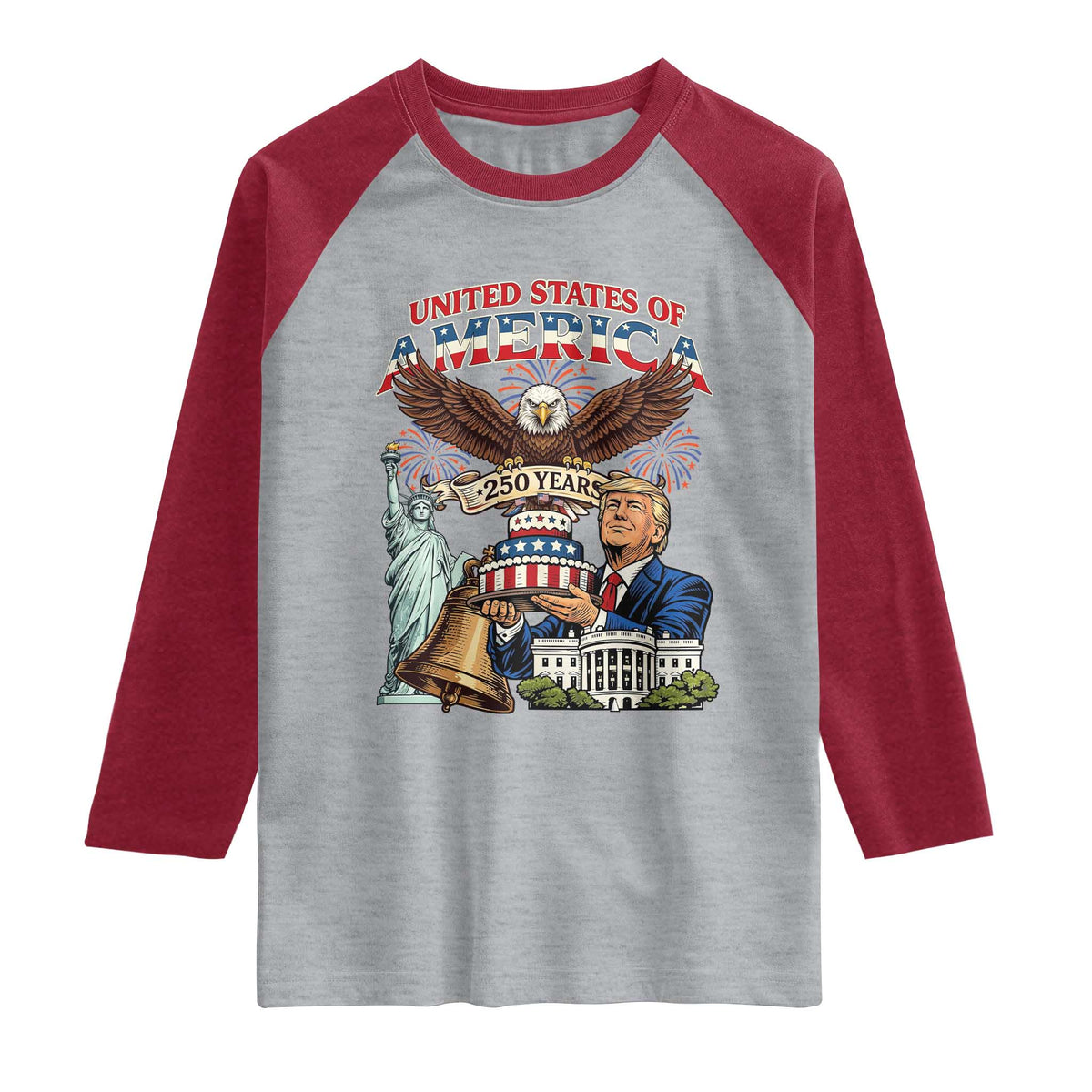 USA 250 Year Birthday Patriotic Celebration Raglan Shirt Trump Eagle and Liberty Bday Cake TS02 Heather Gray Heather Red Print Your Wear