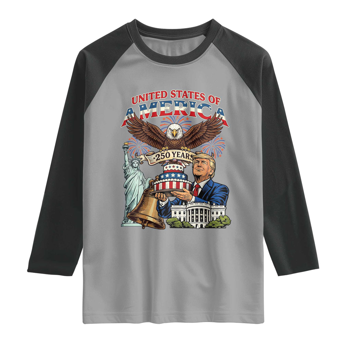 USA 250 Year Birthday Patriotic Celebration Raglan Shirt Trump Eagle and Liberty Bday Cake TS02 Sport Gray Black Print Your Wear