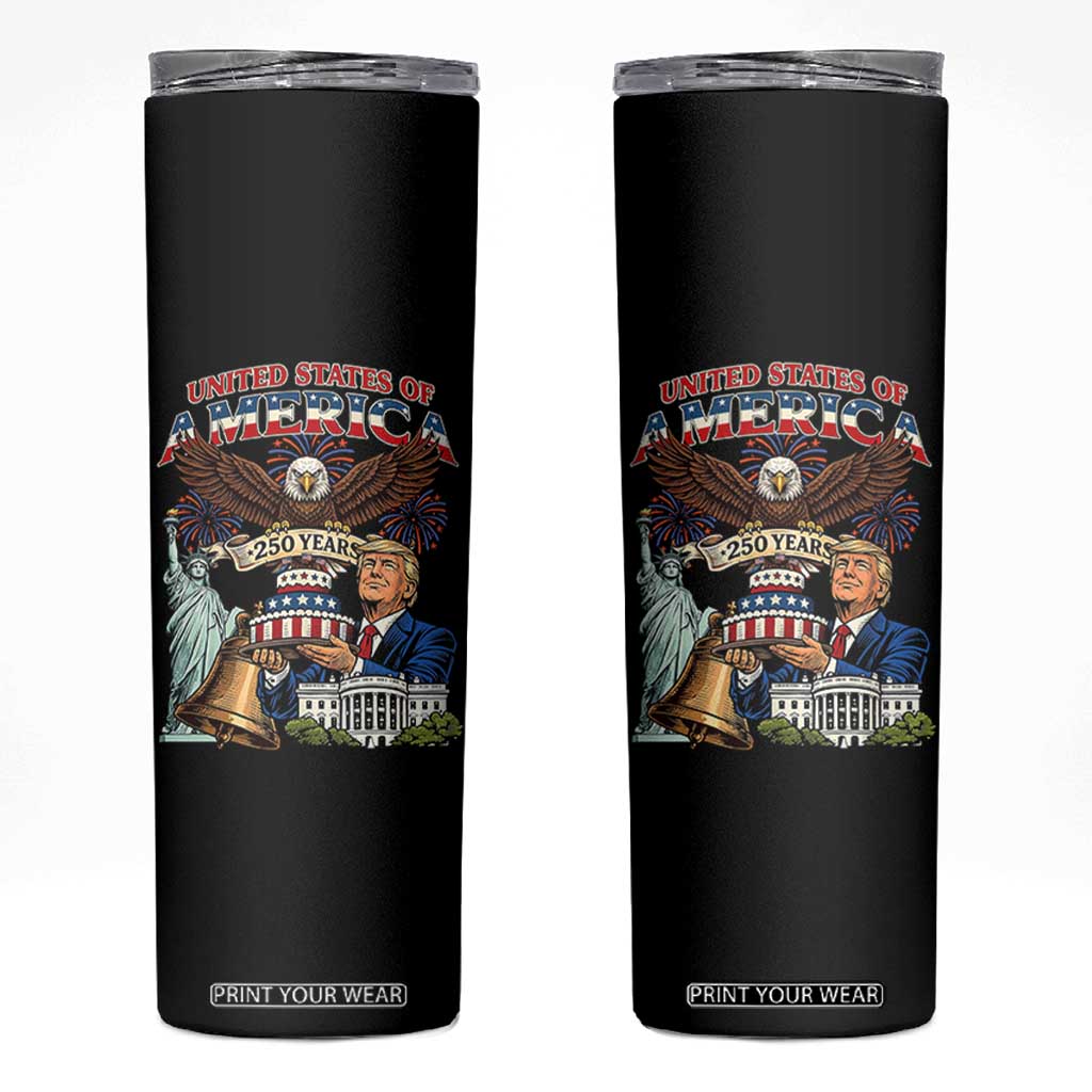 USA 250 Year Birthday Patriotic Celebration Skinny Tumbler Trump Eagle and Liberty Bday Cake TS02 Black Print Your Wear