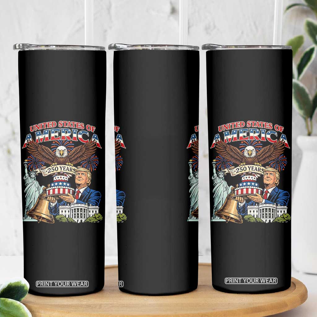 USA 250 Year Birthday Patriotic Celebration Skinny Tumbler Trump Eagle and Liberty Bday Cake TS02 Print Your Wear