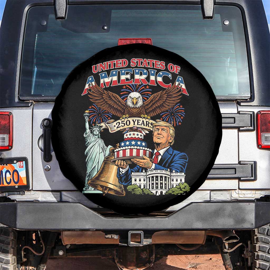 USA 250 Year Birthday Patriotic Celebration Spare Tire Cover Trump Eagle and Liberty Bday Cake TS02 No hole Black Print Your Wear