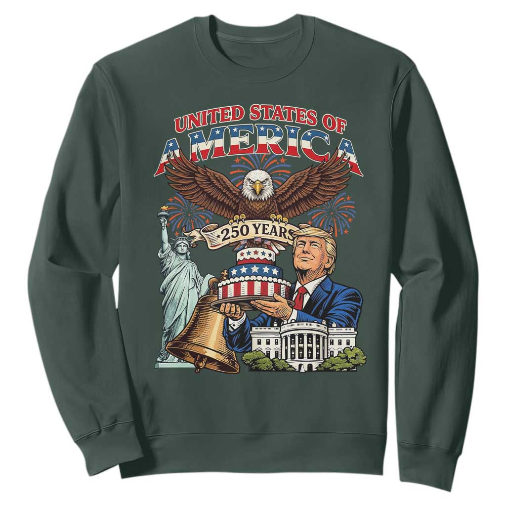 USA 250 Year Birthday Patriotic Celebration Sweatshirt Trump Eagle and Liberty Bday Cake TS02 Dark Forest Green Print Your Wear