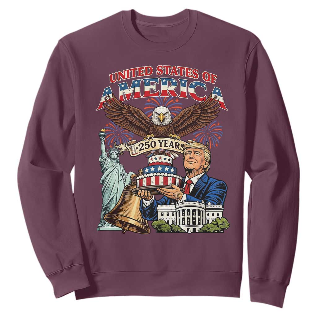 USA 250 Year Birthday Patriotic Celebration Sweatshirt Trump Eagle and Liberty Bday Cake TS02 Maroon Print Your Wear