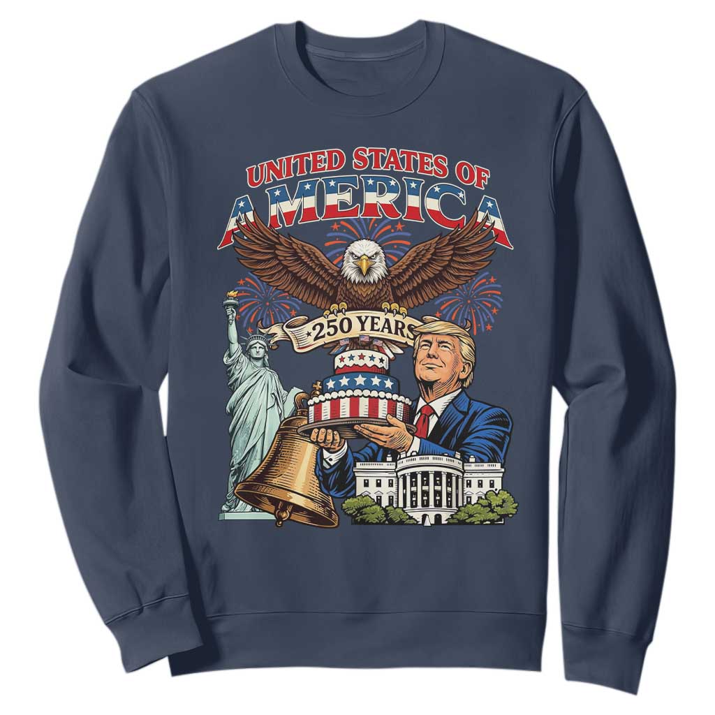 USA 250 Year Birthday Patriotic Celebration Sweatshirt Trump Eagle and Liberty Bday Cake TS02 Navy Print Your Wear