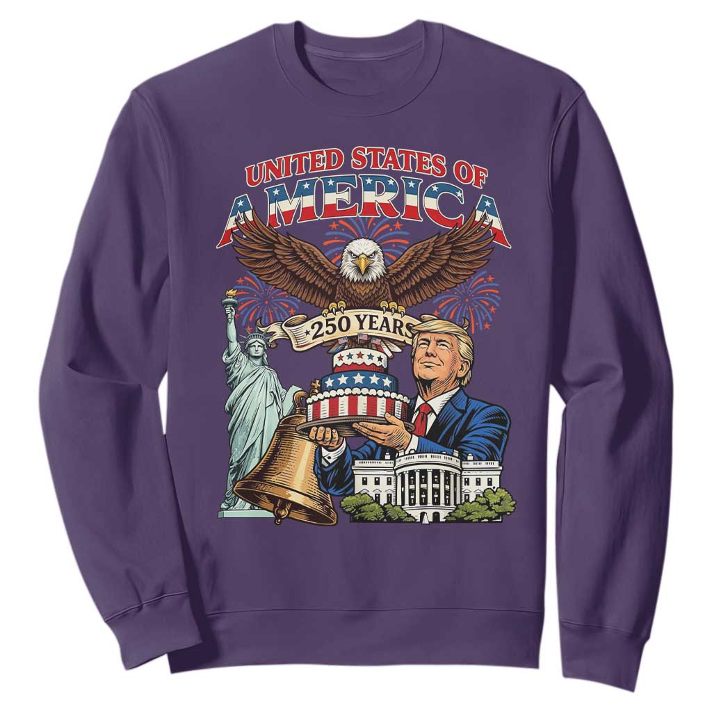 USA 250 Year Birthday Patriotic Celebration Sweatshirt Trump Eagle and Liberty Bday Cake TS02 Purple Print Your Wear