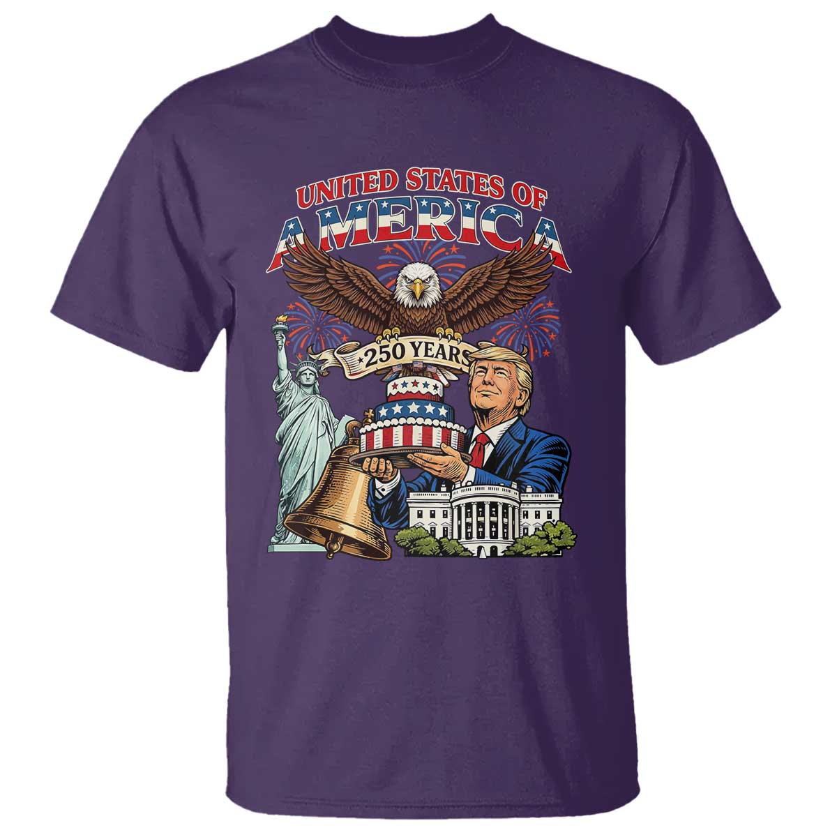 USA 250 Year Birthday Patriotic Celebration T Shirt Trump Eagle and Liberty Bday Cake TS02 Purple Print Your Wear