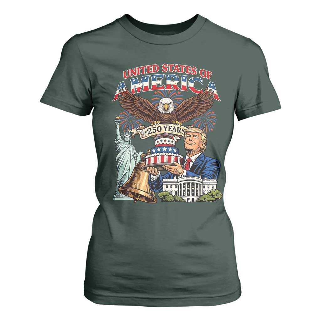 USA 250 Year Birthday Patriotic Celebration T Shirt For Women Trump Eagle and Liberty Bday Cake TS02 Dark Forest Green Print Your Wear