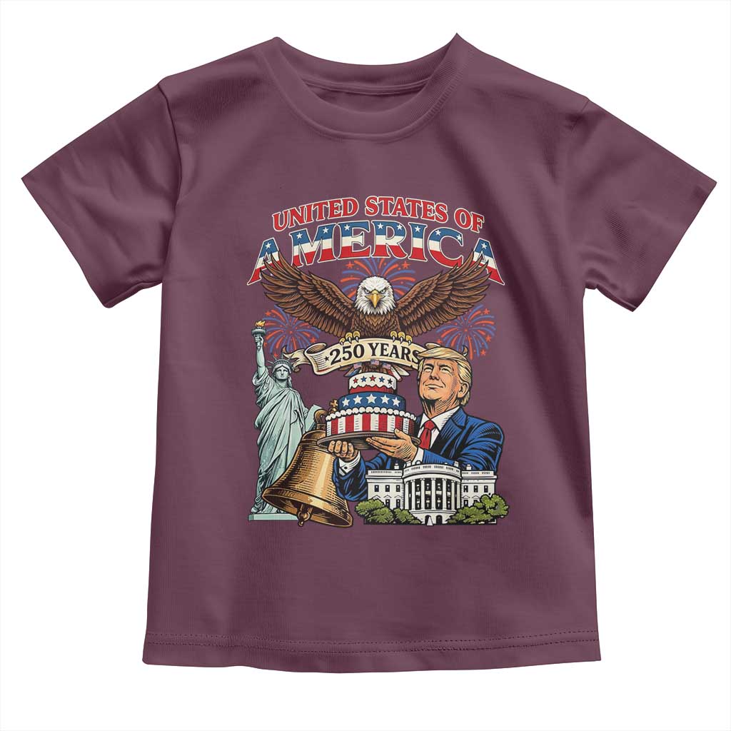 USA 250 Year Birthday Patriotic Celebration Toddler T Shirt Trump Eagle and Liberty Bday Cake TS02 Maroon Print Your Wear