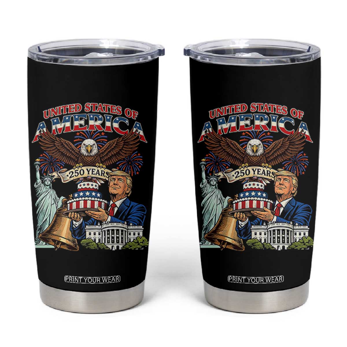 USA 250 Year Birthday Patriotic Celebration Tumbler Cup Trump Eagle and Liberty Bday Cake TS02 Black Print Your Wear