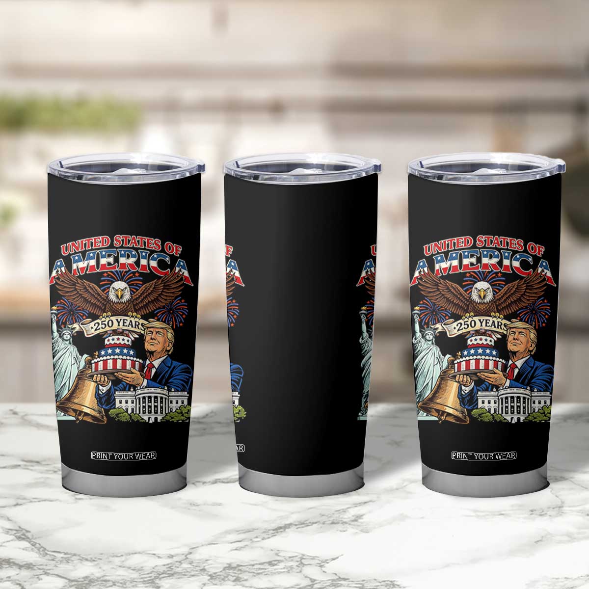 USA 250 Year Birthday Patriotic Celebration Tumbler Cup Trump Eagle and Liberty Bday Cake TS02 Print Your Wear