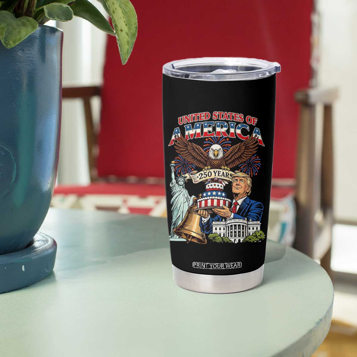USA 250 Year Birthday Patriotic Celebration Tumbler Cup Trump Eagle and Liberty Bday Cake TS02 Print Your Wear