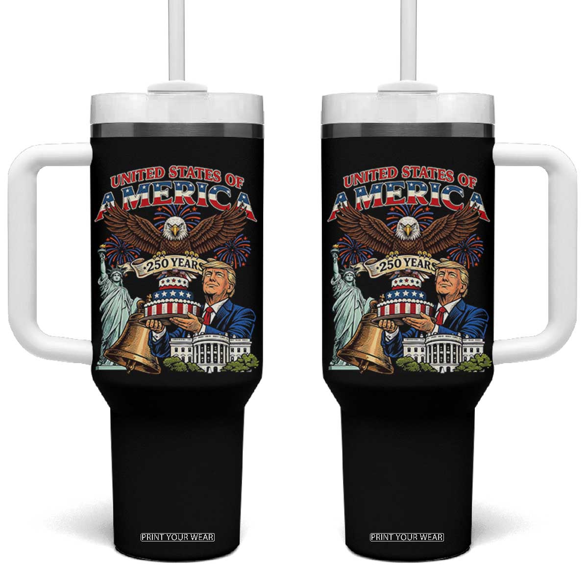 USA 250 Year Birthday Patriotic Celebration Tumbler With Handle Trump Eagle and Liberty Bday Cake TS02 One Size: 40 oz Black Print Your Wear