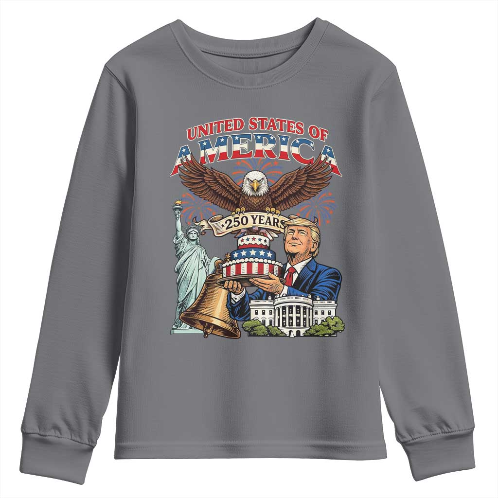 USA 250 Year Birthday Patriotic Celebration Youth Sweatshirt Trump Eagle and Liberty Bday Cake TS02 Charcoal Print Your Wear
