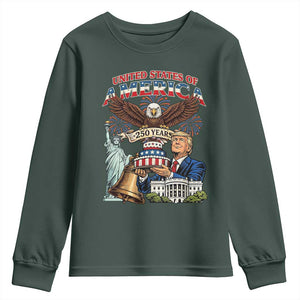 USA 250 Year Birthday Patriotic Celebration Youth Sweatshirt Trump Eagle and Liberty Bday Cake TS02 Dark Forest Green Print Your Wear