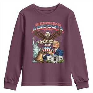 USA 250 Year Birthday Patriotic Celebration Youth Sweatshirt Trump Eagle and Liberty Bday Cake TS02 Maroon Print Your Wear