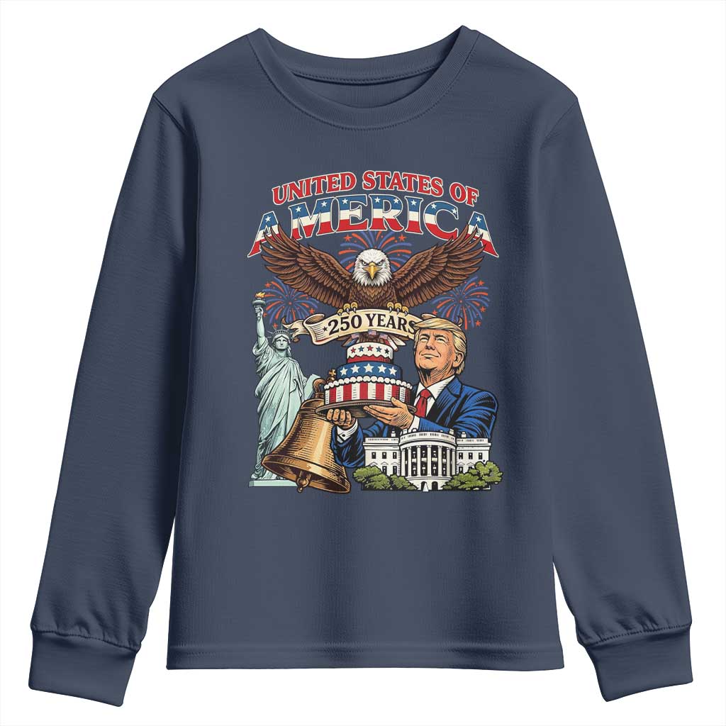 USA 250 Year Birthday Patriotic Celebration Youth Sweatshirt Trump Eagle and Liberty Bday Cake TS02 Navy Print Your Wear