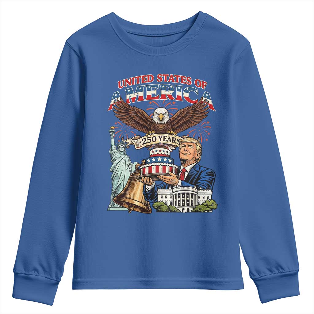 USA 250 Year Birthday Patriotic Celebration Youth Sweatshirt Trump Eagle and Liberty Bday Cake TS02 Royal Blue Print Your Wear