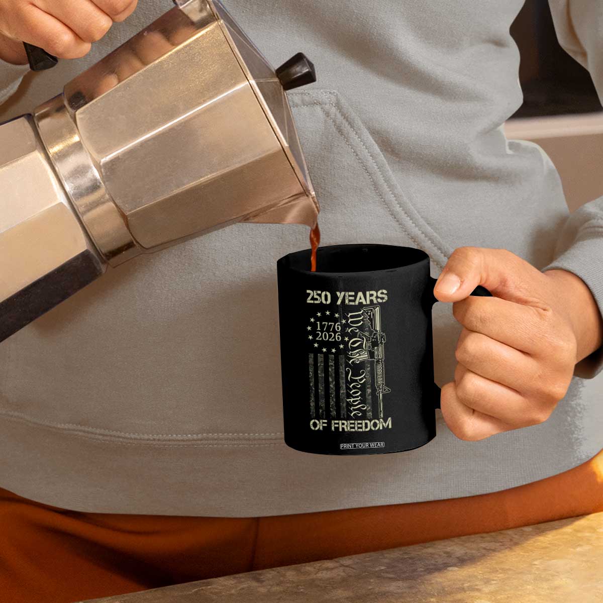 250 Years of Freedom Camo Flag Coffee Mug We The People Second Amendment 1776-2026 Patriotic TS02 Print Your Wear