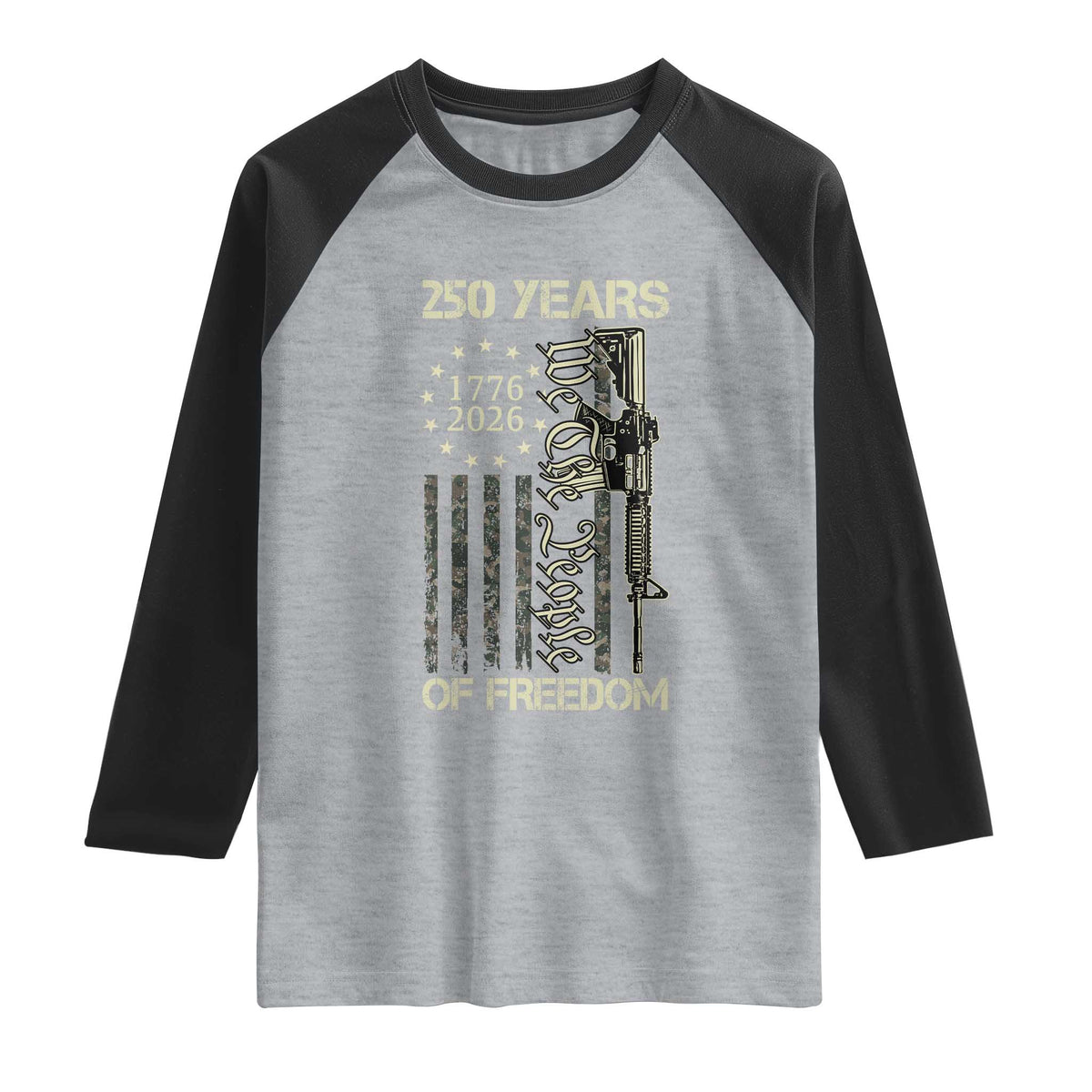 250 Years of Freedom Camo Flag Raglan Shirt We The People Second Amendment 1776-2026 Patriotic TS02 Heather Gray Black Print Your Wear