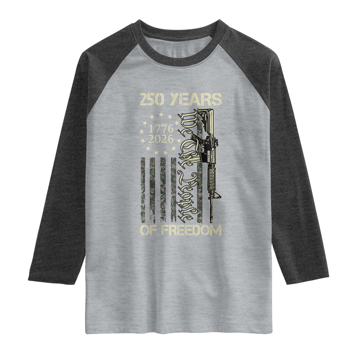 250 Years of Freedom Camo Flag Raglan Shirt We The People Second Amendment 1776-2026 Patriotic TS02 Heather Gray Heather Charcoal Print Your Wear