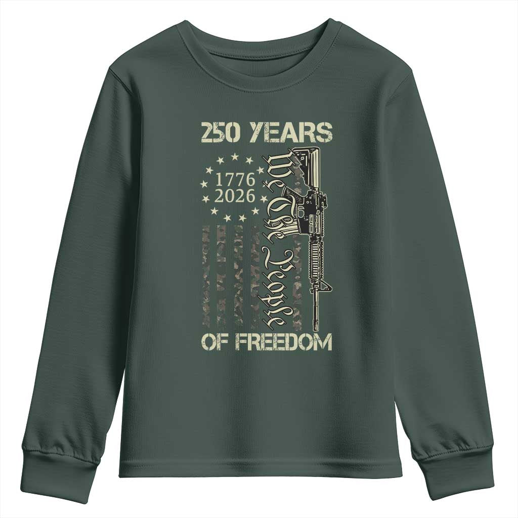 250 Years of Freedom Camo Flag Youth Sweatshirt We The People Second Amendment 1776-2026 Patriotic TS02 Dark Forest Green Print Your Wear