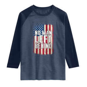 No Man Left Behind Patriotic Raglan Shirt Distressed American Flag TS02 Heather Denim Navy Print Your Wear